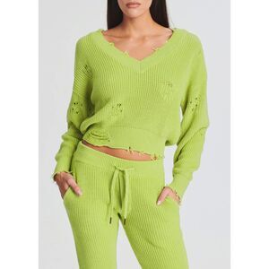 SER.O.YA Womens Sweater XL Neon Green Pullover VNeck Distressed Cotton SYD